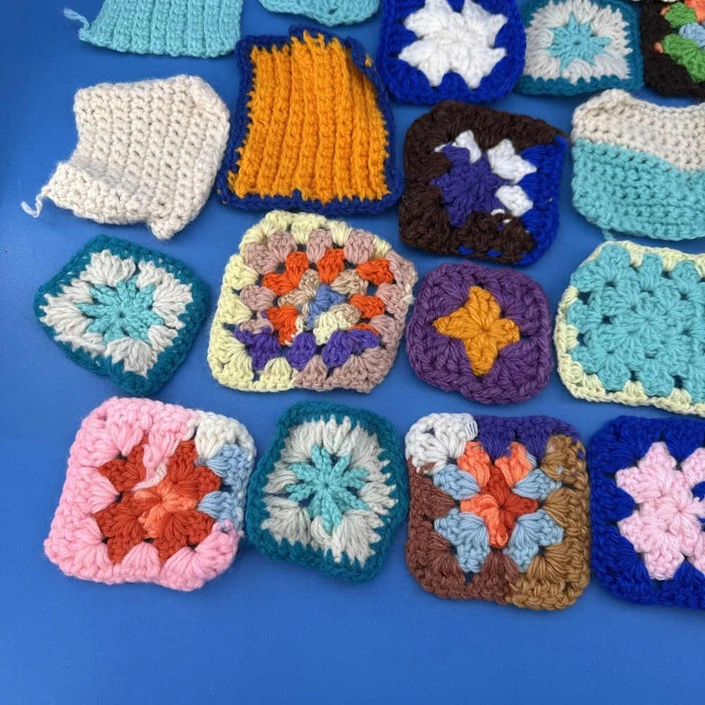 Unfinished Granny Square Afghan Crochet Blanket Lot 24 Squares Vtg Coasters